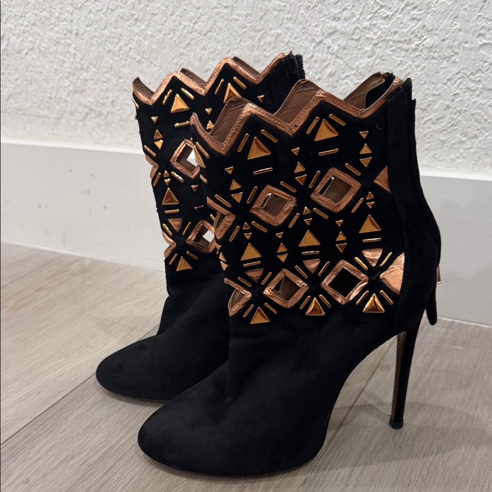 Alaia Black Suede Ankle Boots with Metallic Gold Cutouts